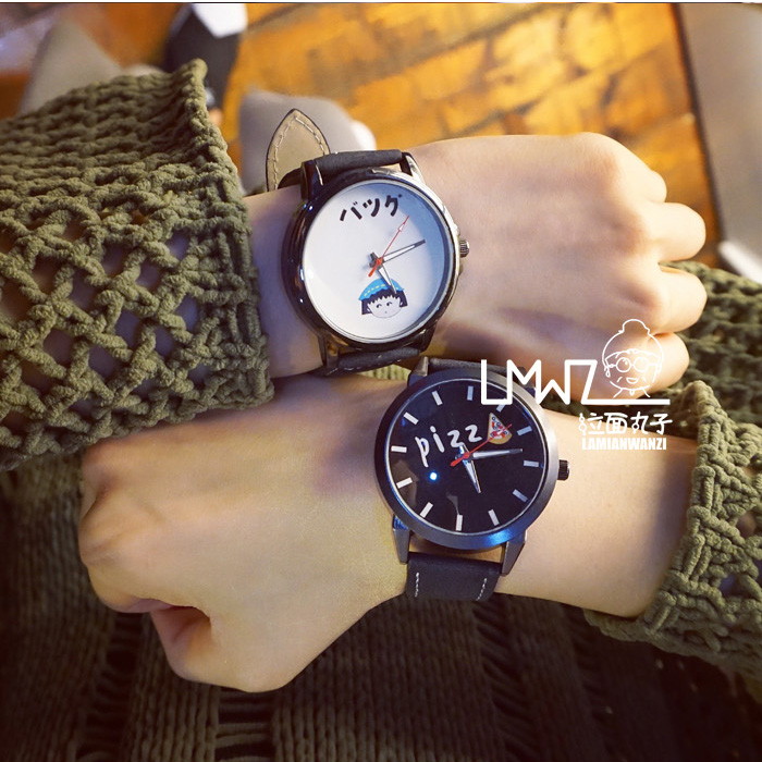 韓國可愛卡通小丸子披薩皮帶情侶潮學生日系軟妹原宿時尚黑白手表
