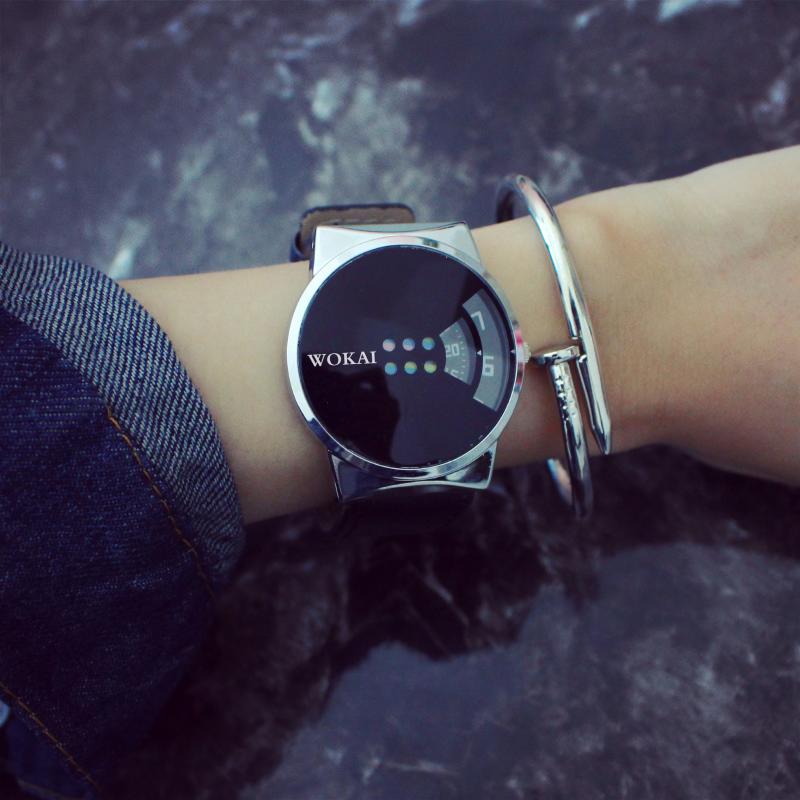 韓國ulzzan創意個性黑白轉盤皮帶手表風潮流時尚男女學生情侶手表